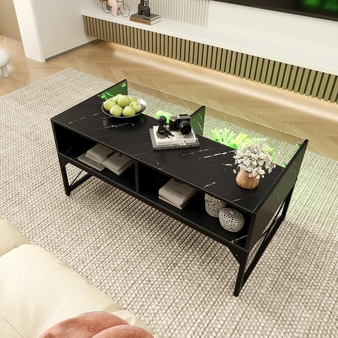 Tangkula LED Coffee Table, High Glossy Center Table with 4 Storage Cubes, Faux Marble & Tempered Glass Top, Adjustable Light Colors, Remote Control, Modern Cocktail Table for Living Room (Black)