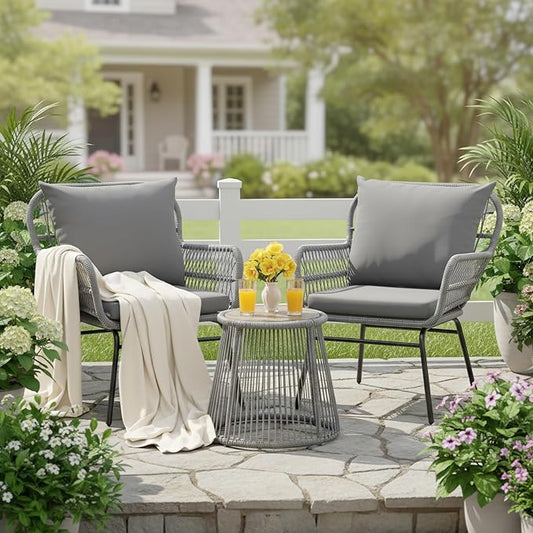 Bezseller 3-Piece Outdoor Patio Furniture Set - Rattan L-Shaped Sectional Sofa All-Weather PE with Detachable Lounger, Glass Coffee Table & Thick Cushions - Backyard, Poolside, Porch (Grey, 2 Seats)