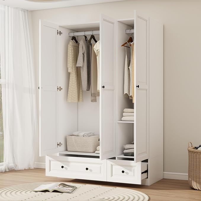 Armoire Wardrobe Closet with Drawer: Bedroom Wardrobe Closet for Hanging Clothes, Wood Cabinet for Clothes with Doors, Armoire with Shelves (White, 47")