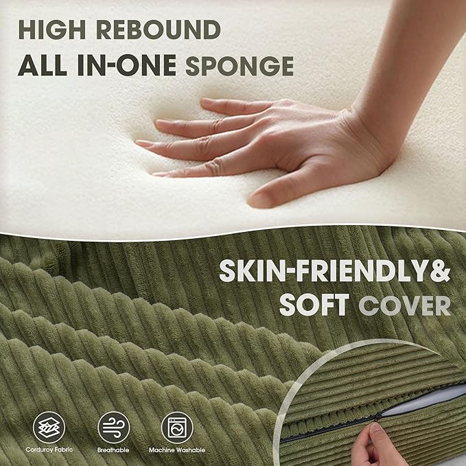 Folding Sofa Bed with Pillow, Memory Foam Fold Out Chair Bed, Convertible Sleeper Chair with Washable Cover, Futon Floor Couch for Living Room/Dorm/Guest Use/Home Office/Apartment, Green