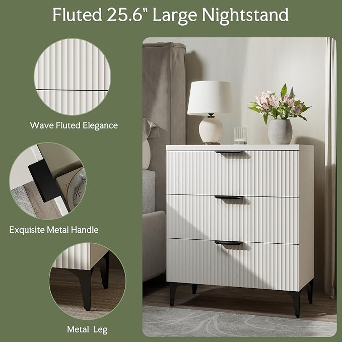 Wood Night Stand Fluted Dresser for Bedroom 3 Drawers End Tables Nightstand, Storage Modern Side Table Natural White Bedside Table - Image 4