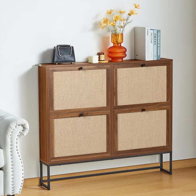 AVZEAR Narrow Shoe Storage Cabinet for Entryway with Natural Linen Panel, Freestanding Slim Shoe Cabinet with 4 Flip Drawers, Wood Shoe Organizer Closed Shoe Rack for Hallway, Living Room(Walnut) - Image 6