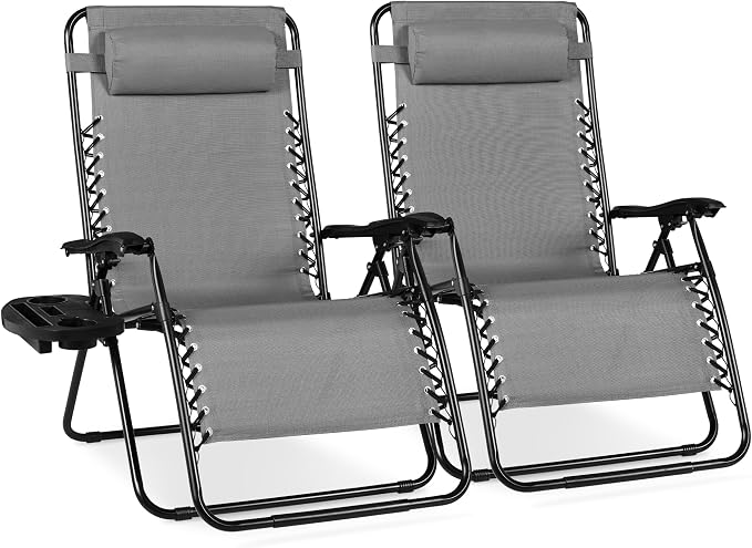 Best Choice Products Set of 2 Extra Wide Adjustable Steel Mesh Zero Gravity Lounge Chair Recliners w/Pillows and Cup Holder Trays - Ice Gray by BestChoiceProducts