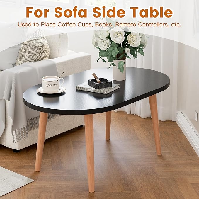 Coffee Table Low Table with Solid Wood Legs, Small Oval Coffee Table Side Table, Floor Table Desk for Sitting on The Floor, Storage and Living Room Furniture for Office Apartment Home, Black