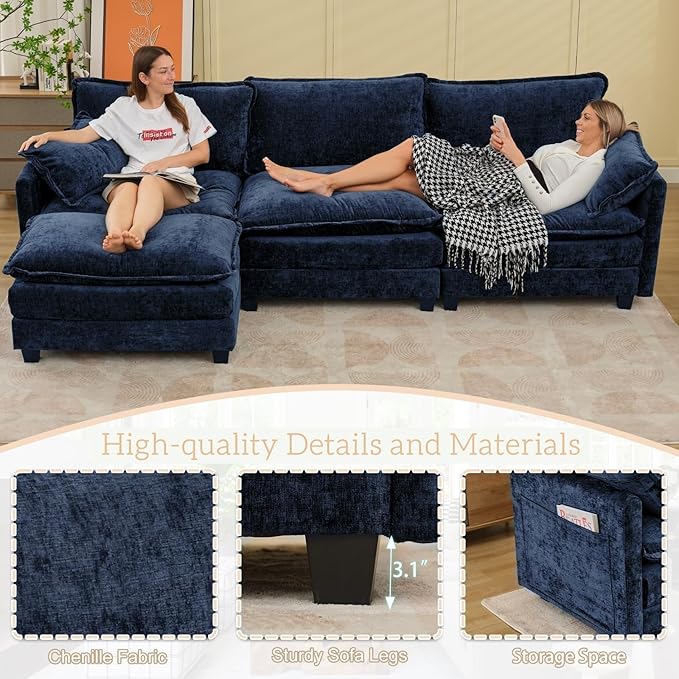 Modular Sectional Cloud Couch, 3 Seat Convertible Sectional Couches Sofa with Ottoman, Convertible L-Shape Cloud Sectionals Couches for Living Room, Apartment, Blue