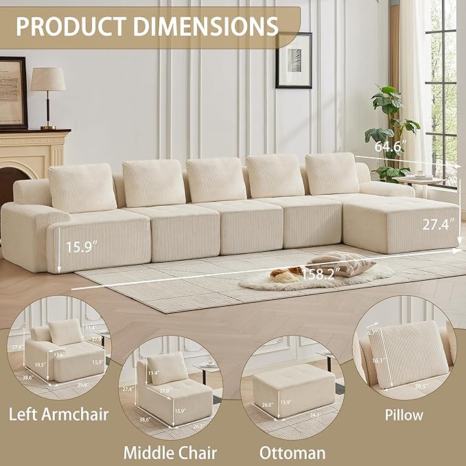 158.2'' Modular Sectional Sofa with Movable Ottoman, 5 Seat Deep Seat Couch with 5 Pillows, Comfy Cloud Sectional Sofa for Living Room, Bedroom (White, 1 Left+1 Right+3 Middle+1 Ottoman)