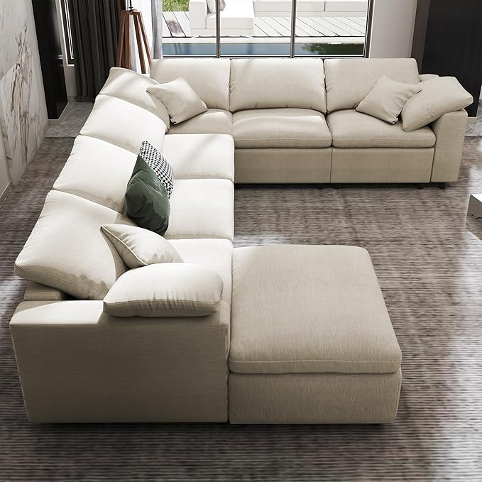 ERYE Oversized Modular Chenille Upholstered Sectional Sofa with Movable Ottoman, 7 Seaters Modular Convertible Couch Spacious Living Room Sofa for Home House Apartment