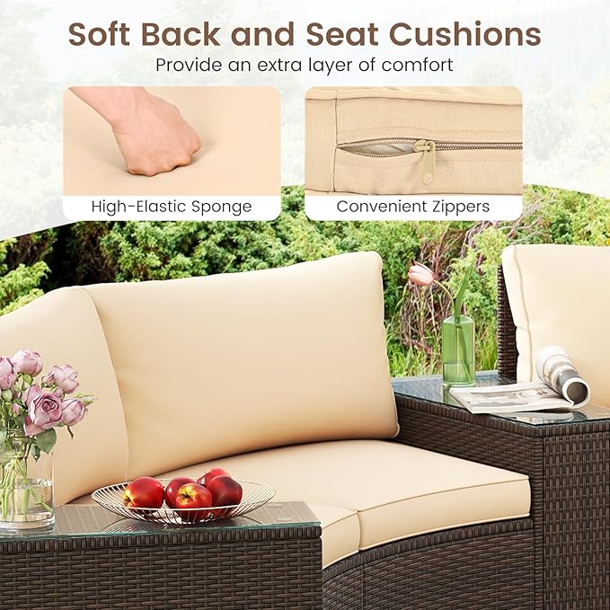 Tangkula 5 Pieces Patio Furniture Set, PE Rattan Half-Moon Curved Sectional Sofas with Tempered Glass Top Side Tables, Outdoor Conversation Set for Porch, Backyard & Poolside (Beige)