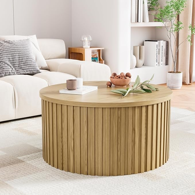 Fluted Lift Top Coffee Table with Storage, 31.5'' Farmhouse Round Coffee Tables for Living Room, Modern Wood Center Tables with Hidden Compartment for Home, Office (Wood Color)