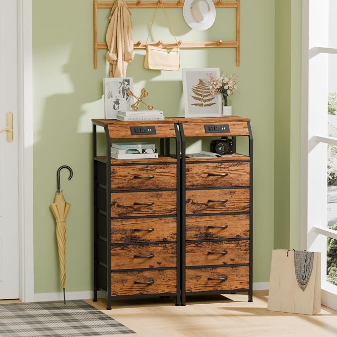 Furnulem 5 Drawers Dresser with Charging Station, Tall Night Stand with Storage Shelf, Fabric Chest of Drawers, Bedside Table for Closet, Entryway, Bedroom Furniture, 3 Ways to Use, Rustic Brown - Image 4