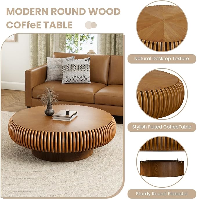 Fluted Drum Coffee Table Round Coffee Table for Living Room Mid Century Modern Coffee Tables with Sturdy Pedestal Circle Center Tea Table Accent Tea Table for Small Space Apartment (39.4inch Brown)