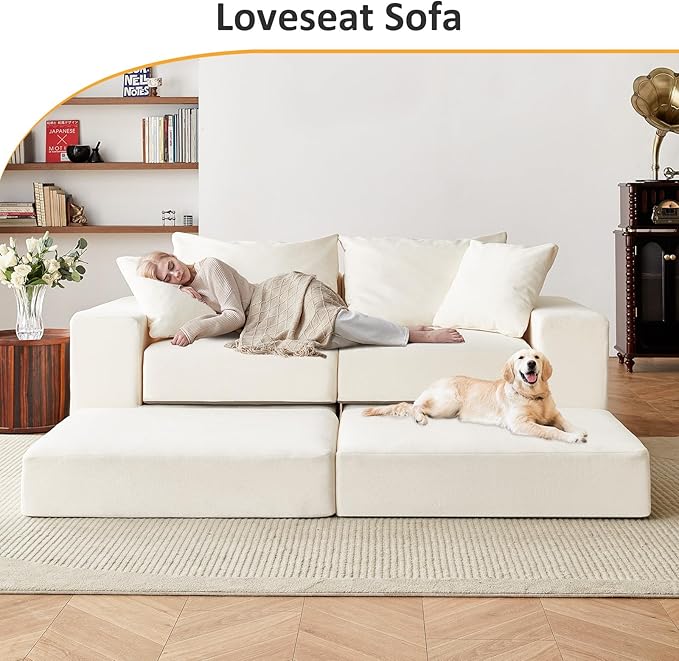 Modular Sectional Loveaeat Cloud Sofa, Boneless Couch with Non Slip Base, Modern Sleeper Sofa for Customizable Living Spaces, Cozy Modular Couch with L-Shape Chaise, Deep Seat & No Assembly, Beige