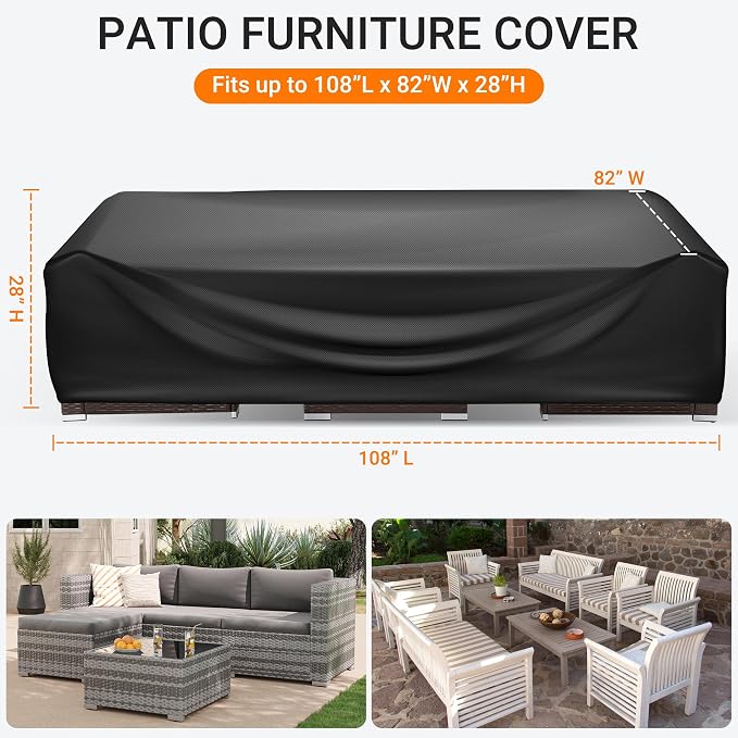 WLEAFJ Patio Furniture Covers Rectangle, Outdoor Table Covers Waterproof, Heavy Duty Outdoor Furniture Cover, Patio Sectional Set Cover 108"L x 82"W x 28"H, Black - Image 2