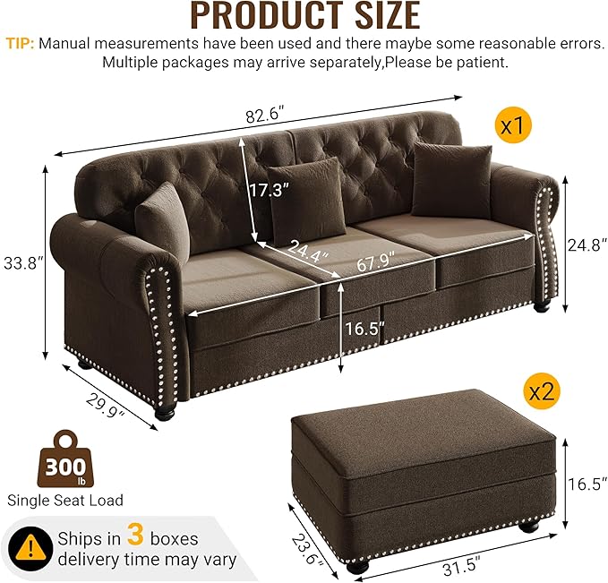 KEIKI 83" Velvet Chesterfield Sofa with Rolled Arms & Nailhead Trim & 2 Ottoman, Modern 3-Seater Button Tufted Couch with High Resilience Cushion & 3 Pillow, Easy Assembly, for Living Room, Brown