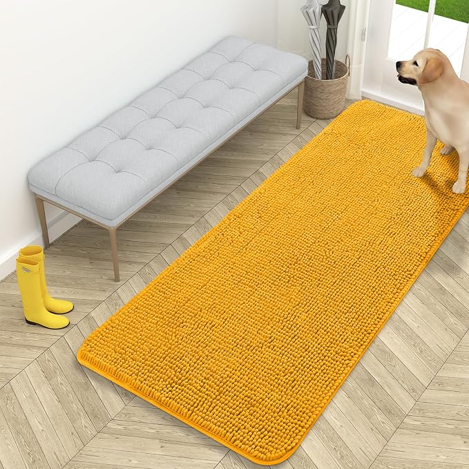 OLANLY Dog Door Mat for Muddy Paws 59x24, Absorbs Moisture and Dirt, Absorbent Non-Slip Washable Doormat, Quick Dry Chenille Mud Mat, Entry Indoor Entryway Carpet for Inside Floor, Golden Yellow by OLANLY