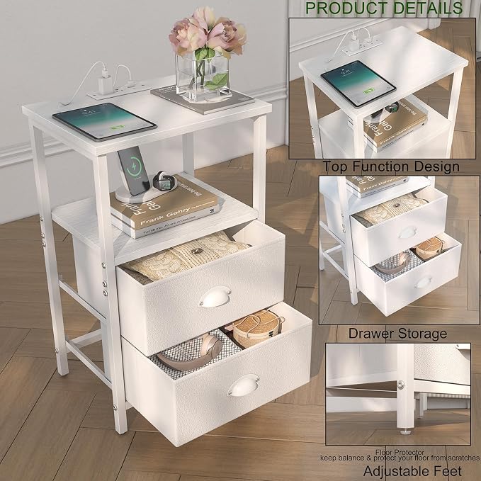 sthmec Nightstand with Charging Station, LED Night Stand Set 2, Bedside Table End Tables Set of 2, Bedroom Tables with 2 Fabric Drawers PU Finish, 3-Tier Storage Side Table for Bedroom,White - Image 5