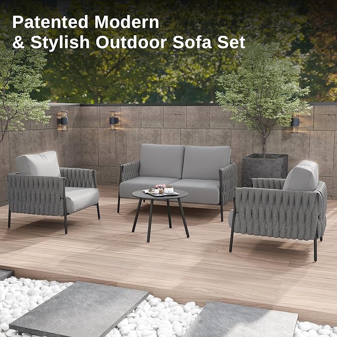 East Oak 3-Piece Patio Furniture Set | Life Chatter 4-Seat Outdoor Furniture | Sectional Sofa Set with Round Coffee Table | Deep Seating Sofa with Thick & Washable Cushions | Chestnut & Apricot