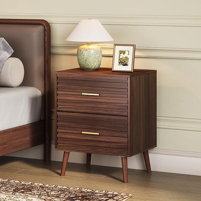 WLIVE Mid Century Modern Nightstand, Fluted Wood Bedside Table with Two Drawers, Brown Night Stand for Bedroom by WLIVE