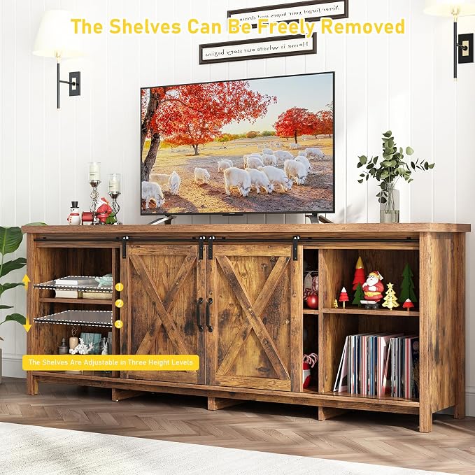 70" Farmhouse TV Stands for 70 75 80inch TV w/Adjustable Shelves,Sliding Barn Door.Wooden Entertainment Center,TV Console Cabinet with Storage for Bedroom Living Room(Brown 70in) - Image 5