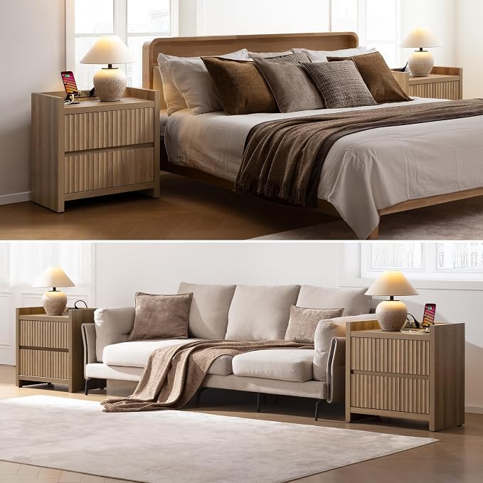SICOTAS Night Stand Fluted Nightstands with Charging Station-Modern 2 Drawers Nightstand 25" Tall Bedside Table End Table, Large Night Stands for Bedroom, Sofa Side (Caramel Oak, 1 Piece) - Image 4