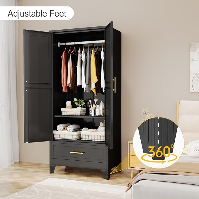 winiowa Metal Armoire Wardrobe Closet with Drawer, 71" Wardrobe Cabinet with Adjustable Shelves and Hanging Rod, Clothing Storage Cabinet Closet for Bedroom-Black