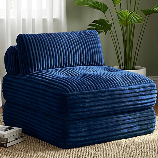 Plush Corduroy Folding Sofa Bed, Free Setup Floor Beds, 34" Boneless Couch for Small Spaces, Corner Chair, Convertible Sleeper Chair, Corner Couch, Foldable Sleeper Sofa Beds, Blue