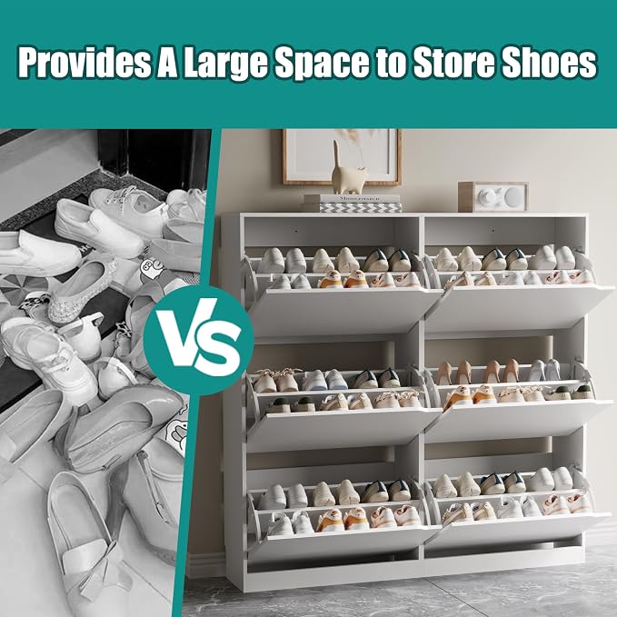 Xixini Shoe Storage Cabinet for Entryway with 6 Flip Drawers, Sturdy Wood Hidden Shoe Storage, Freestanding Narrow Slim Shoe Organizer for Front Door Entrance, Living Room, Hallway, Bedroom, White - Image 5
