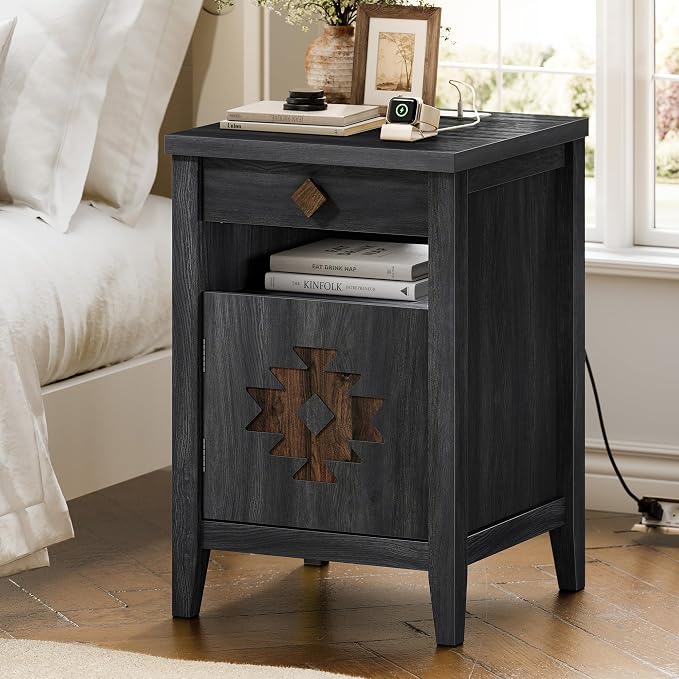 Nightstand with Charging Station and Drawers for Small Space,Wood Nightstand with Storage Cabinet & Drawer & Shelf,Modern and Farmhouse Night Stand for Bedroom,Black by Unknown