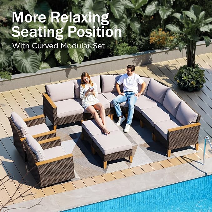 PHI VILLA 8-Piece Curved Patio Furniture Set with Fire Pit Table, Outdoor Wicker Half-Moon Sectional Sofa with Cushions, 56” Gas Fire Pit Table and Ottomans, Beige