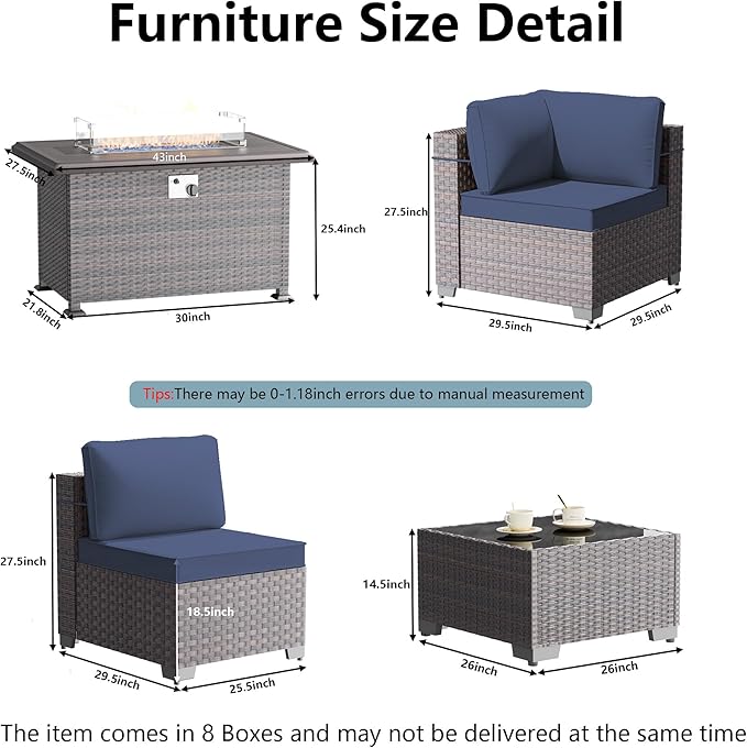 15 Pieces Outdoor Patio Furniture Set,Outdoor Sectional Furniture with 43" 55000 BTU Gas Propane Fire Pit Table,All Weather PE Rattan Wicker Patio Conversation Set,Navy Blue
