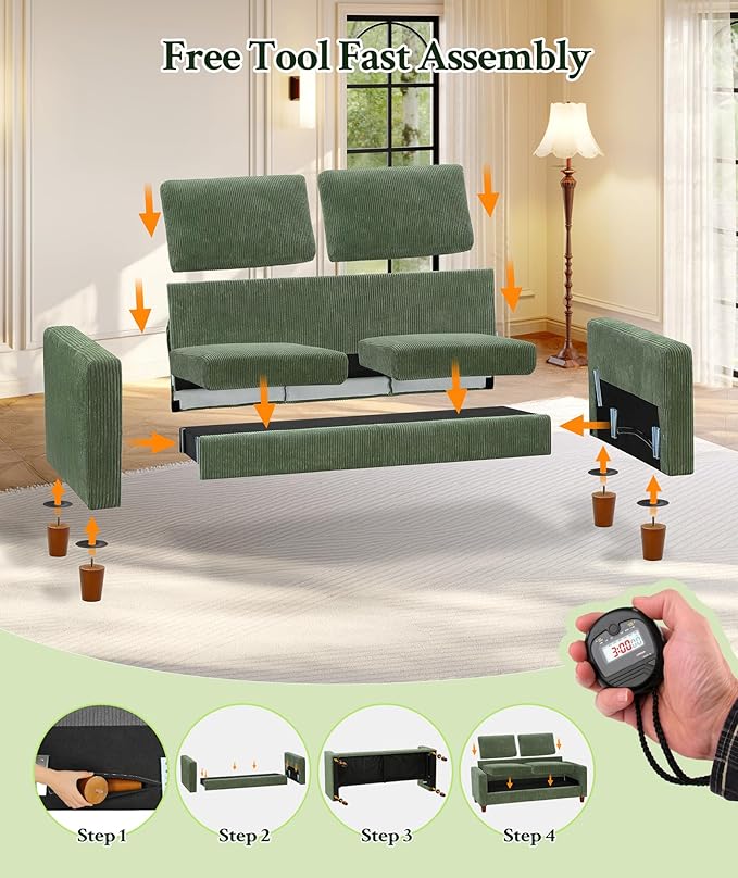 70.2" Couches for living room, Comfy U Shaped Couch Green 7.1" Thicker Cushion, Sofas for Living Room Tool-Free Setup, Loveseat with Ottoman 7058lbs Support, Corduroy Couch for Bedroom, Office