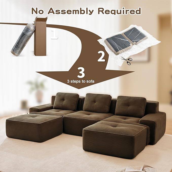 Casaphoria 115'' Brown Modular Sofa Set, 3-Seat U-Shaped Corduroy Couch with 2 Ottomans for Large Living Room No Assembly Required Deep Seat Sectional Couch