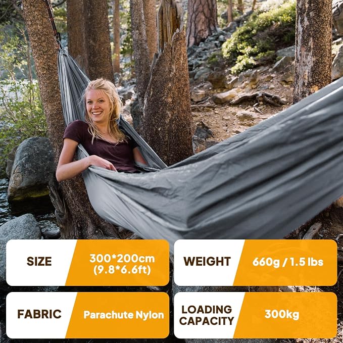 NATUREFUN Ultra-Light Travel Camping Hammock | 300kg Load Capacity,Breathable,Quick-Drying | 2 x Premium Carabiners,2 x Nylon Slings Included | Outdoor Indoor Garden - Image 2