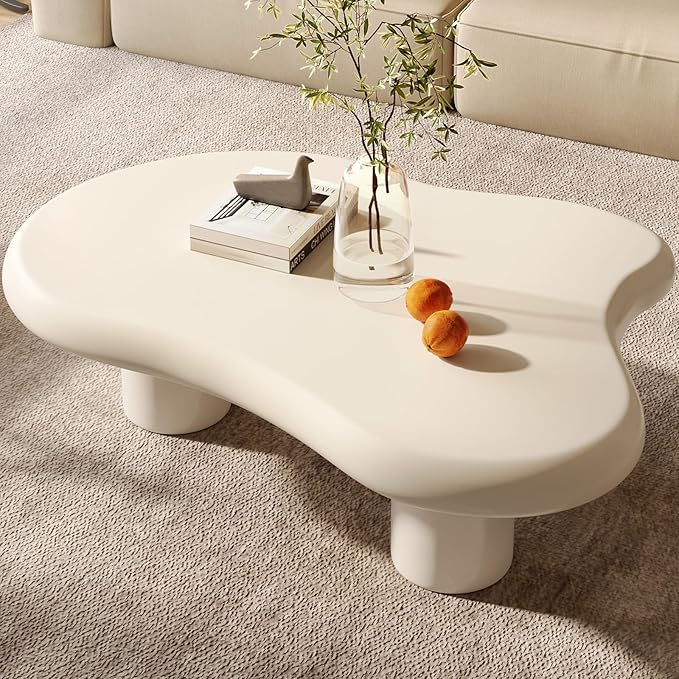 Guyii Cloud Coffee Table, Modern White Coffee Table for Living Room, Cute Irregular Indoor Tea Table with 3 Legs, Easy Assembly (Cream White, 46.06 Inch)
