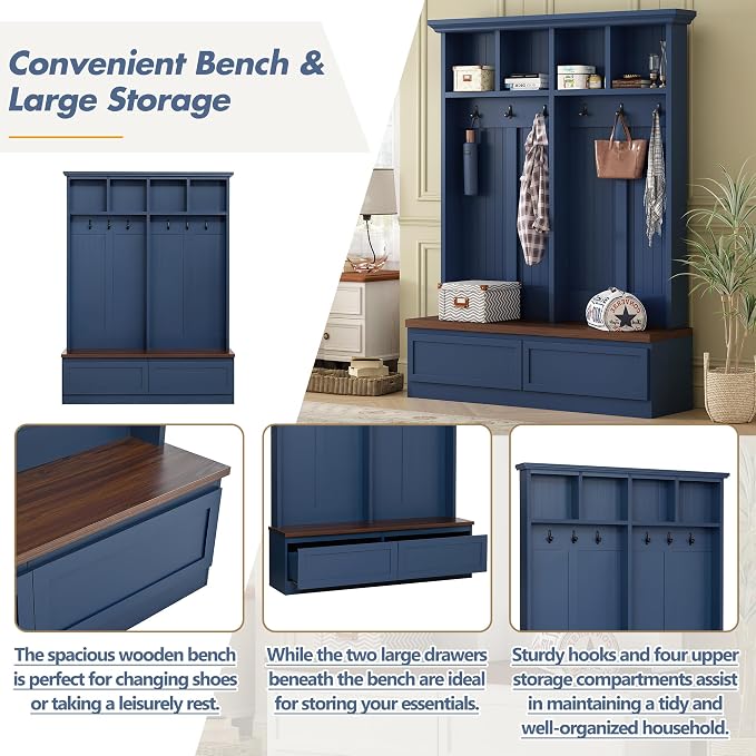 LUMISOL Farmhouse Entryway Hall Tree with Storage Bench, 4-in-1 Mudroom Shoe Cabinet with Open Compartments and 2 Large Drawers, Hallway Coat Rack with 6 Hanging Hooks, Blue - Image 4