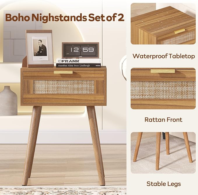 LAZZO Set of 2 Bedroom Nightstands Wooden Night Stands with Rattan Weaving Drawer Home Bedside End Table for Bedroom Storage - Image 6