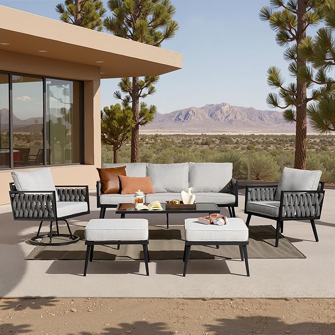 Weaxty Modern Patio Furniture Set 6 Piece, Rope Outdoor Patio Conversation Sets Sectional Sofa Swivel Chairs Table Ottoman, All Weather Metal Balcony Furniture for Backyard Garden, Light Grey