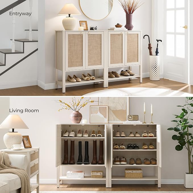 SICOTAS Shoe Storage Cabinet for Entryway - 5 Tier Rattan Entry Shoe Organizer Cabinet with Shelves & Doors, 2 Pieces Farmhouse Boho Shoe Rack for Hallway, Living Room, Closet (White Cream Oak) - Image 4