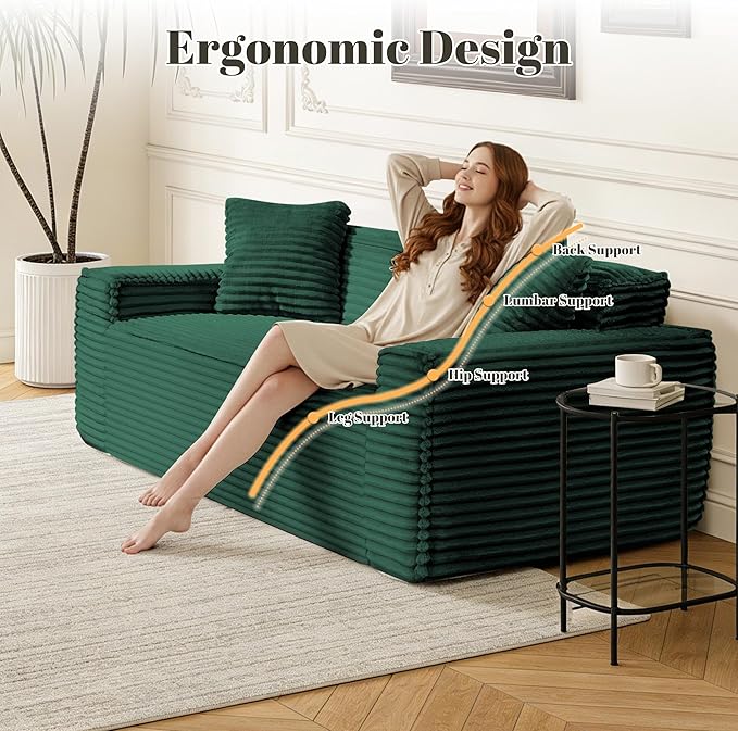75" Cloud Loveseat Sofa, 26" Deep Seat Boneless Couches for Living Room, Modern 3 Seater Sofa with Throw Pillows, Corduroy Compression Sofa in Box, No Assembly Couch for Bedroom, Dorm, Dark Green