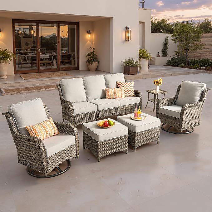 ovios 6-Piece Patio Furniture Set with Swivel Chairs Coffee Table, Outdoor Wicker Sofa with Comfy Cushions, High Back Couch Modern Conversation Sets, Grey/Grey