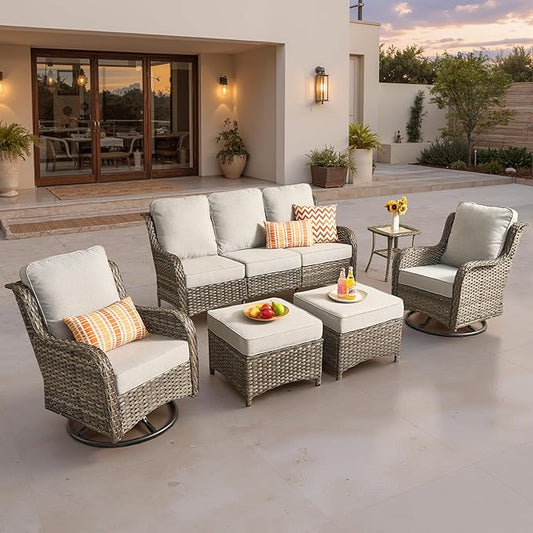 ovios 6-Piece Patio Furniture Set with Swivel Chairs Coffee Table, Outdoor Wicker Sofa with Comfy Cushions, High Back Couch Modern Conversation Sets, Grey/Grey
