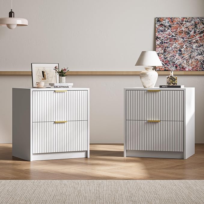 MAISONARIA Fluted Nightstands Set of 2 with 2 Drawers, 19.6" Modern Storage Bedside Table with Golden Metal Handles, Wooden End Table for Bedroom, White by MAISONARIA
