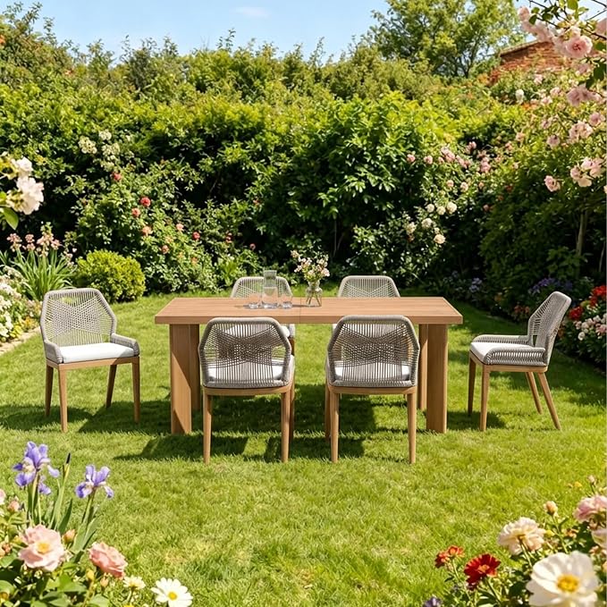 PURPLE LEAF 7 Pieces Patio Dining Set Aluminum Modern Rectangular Table and Wicker Chairs with Cushions for Kitchen Porch Garden Outdoor Furniture Sets, Teak by PURPLELEAF