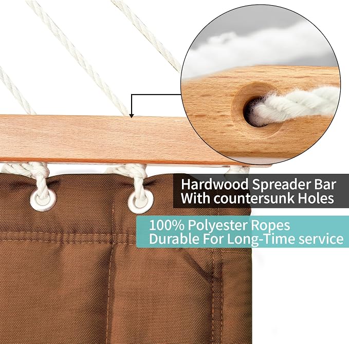 Double Quilted Fabric Hammock with Hardwood Spreader Bars and Pillow 450 LBS Capacity 2 Person Large Hammock for Outdoor Patio Backyard Poolside - Brown - Image 5