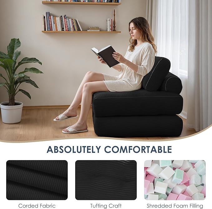 Folding Sofa Bed,Convertible Sleeper Chair for Adults, Folding Sofa Bed Foam Filling Couch with Pillow，Sleeper Chairs Single Size Floor Mattress,Black