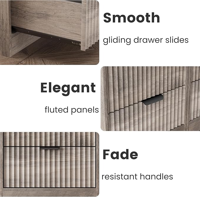 Wodeer LED Nightstand with Charging Station, Fluted Nightstand Set of 2, Wood Nightstands with 2 Drawers & Metal Handles, Modern Bedside Table & End Tables, Farmhouse Night Stands for Bedroom, Grey - Image 8