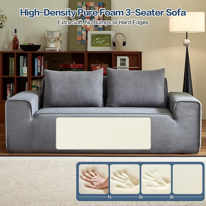 76" Memory Foam Couch 3 Seater, Boneless Couh with Deep Seat, Small Cloud Sofa for Living Room, Office, No Assembly Required Sofa (Grey, Velvet)