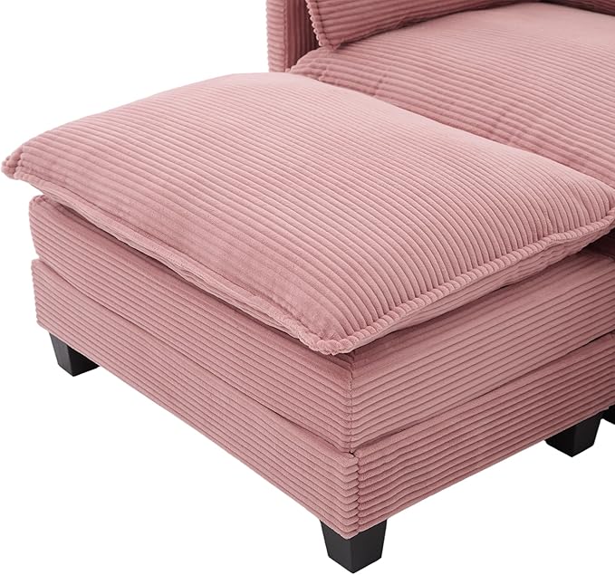 Modular Sectional Sofa Couch with Reversible Ottoman, 103" Oversized Corduroy Cloud Couch, 3 Seat Sectional Sofa with Solid Wood Frame and Side Pockets,for Living Room & Apartment