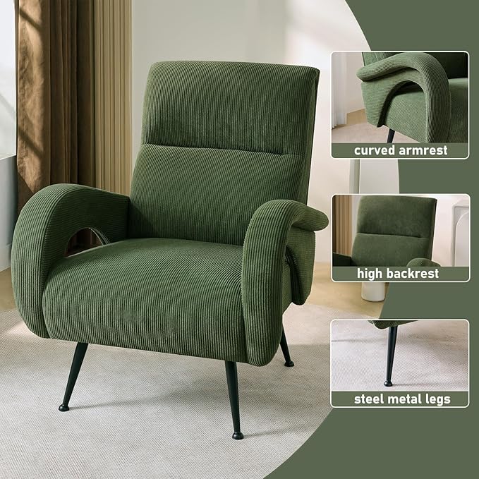 Corduroy Living Room Accent Chairs, High Back Reading Chairs for Bedroom, Modern Comfy Upholstered Armchairs for Bedroom, Reading Nook, Apartment, Forest Green