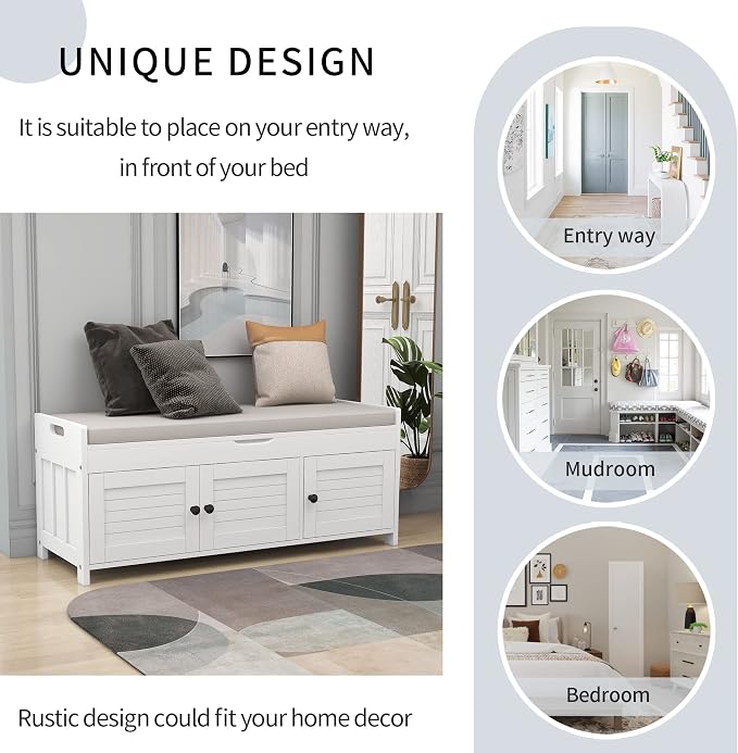 SOFTSEA Storage Bench with 3 Shutter-Shaped Doors Wood Entryway Bench Shoe Bench with Removable Cushion and Hidden Storage - Image 7